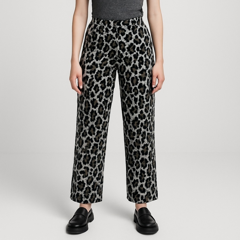 ZARA Women’s Black Gray Leopard Print High Waist Wide Leg Pants XS Cropped 24x25
